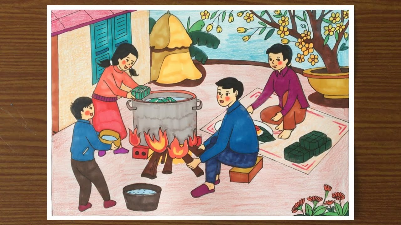 Vẽ tranh ngày tết | Vẽ tranh ngày tết và mùa xuân | Vẽ tranh gia đình nấu bánh chưng tết