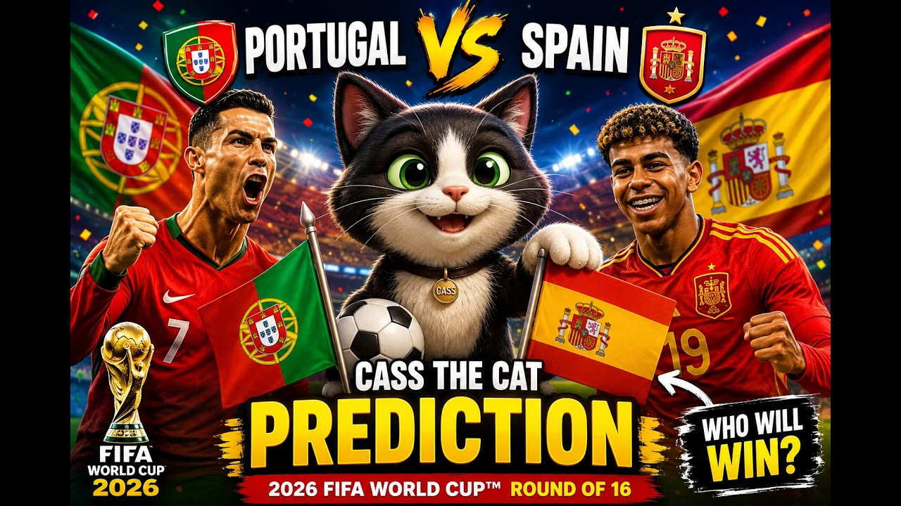 🐾 Portugal vs Spain | 2026 FIFA World Cup Round of 16 | Cass the Cat Prediction ⚽