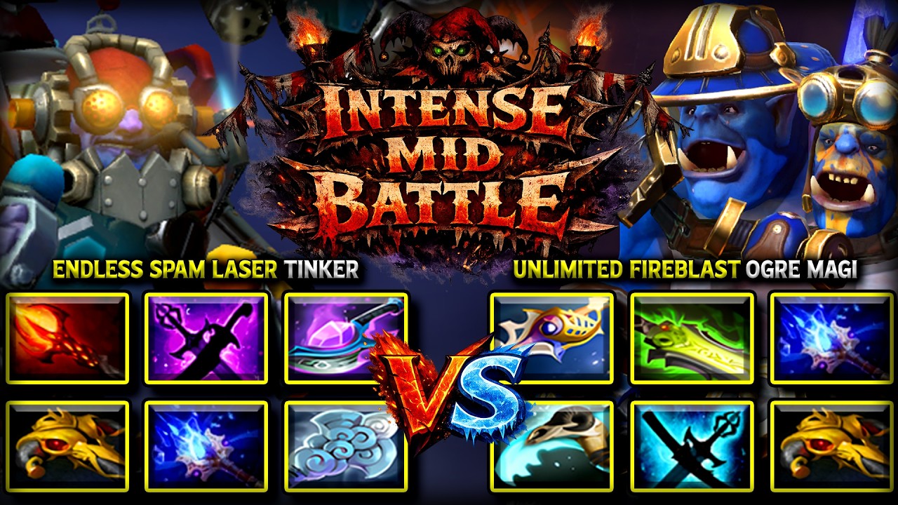 INTENSE MID BATTLE - Endless Spam Laser Tinker Facing Against Unlimited Fireblast Ogre Magi - DotA 2