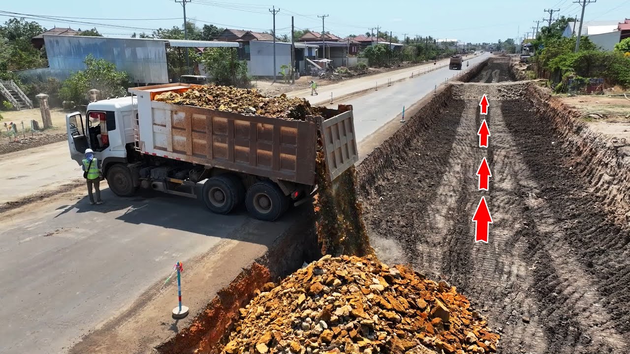 Processing Filling Foundation Making For The Road, Technique Skill Driver​ Bulldozer, Dump truck