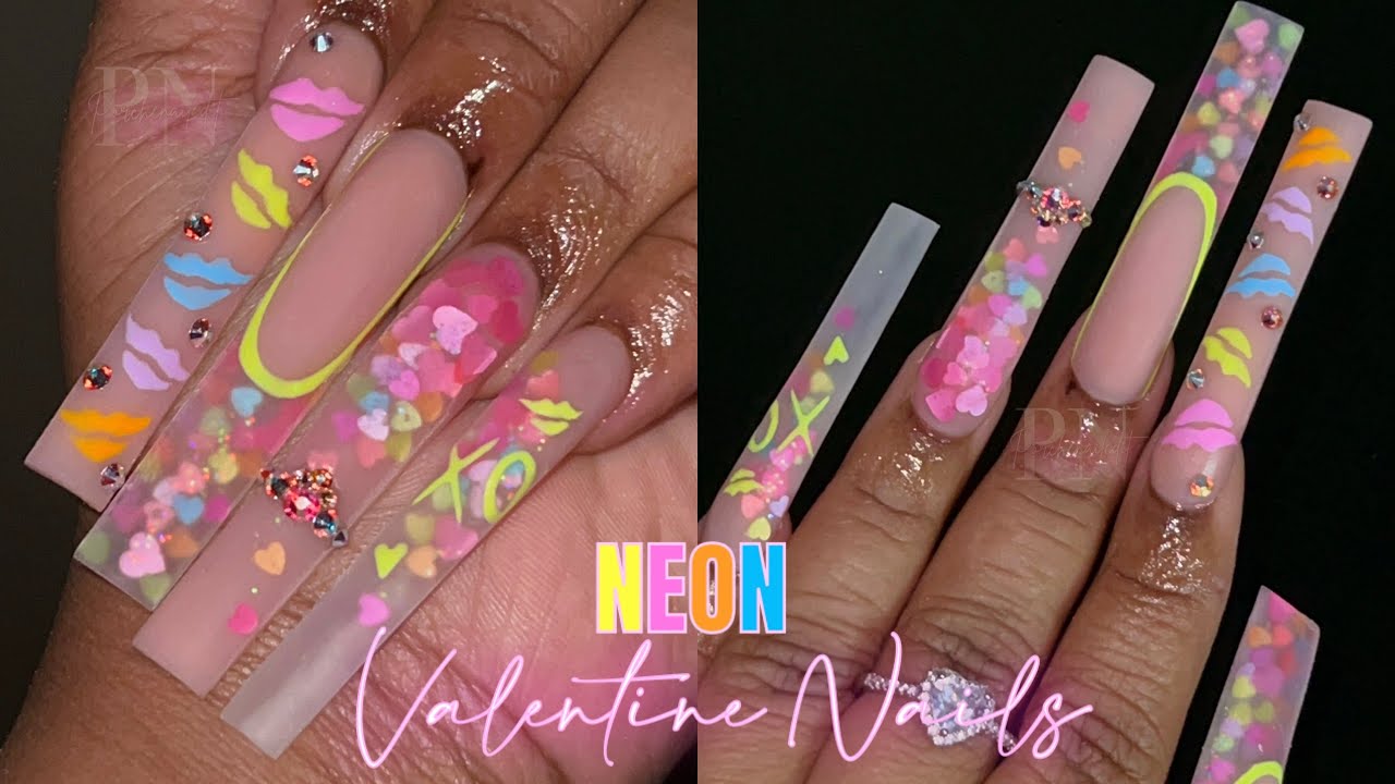 NEON VALENTINE NAILS 💘💛🧡🍭💋 | LIP NAIL ART | HEART ENCAPSULATION ✨
