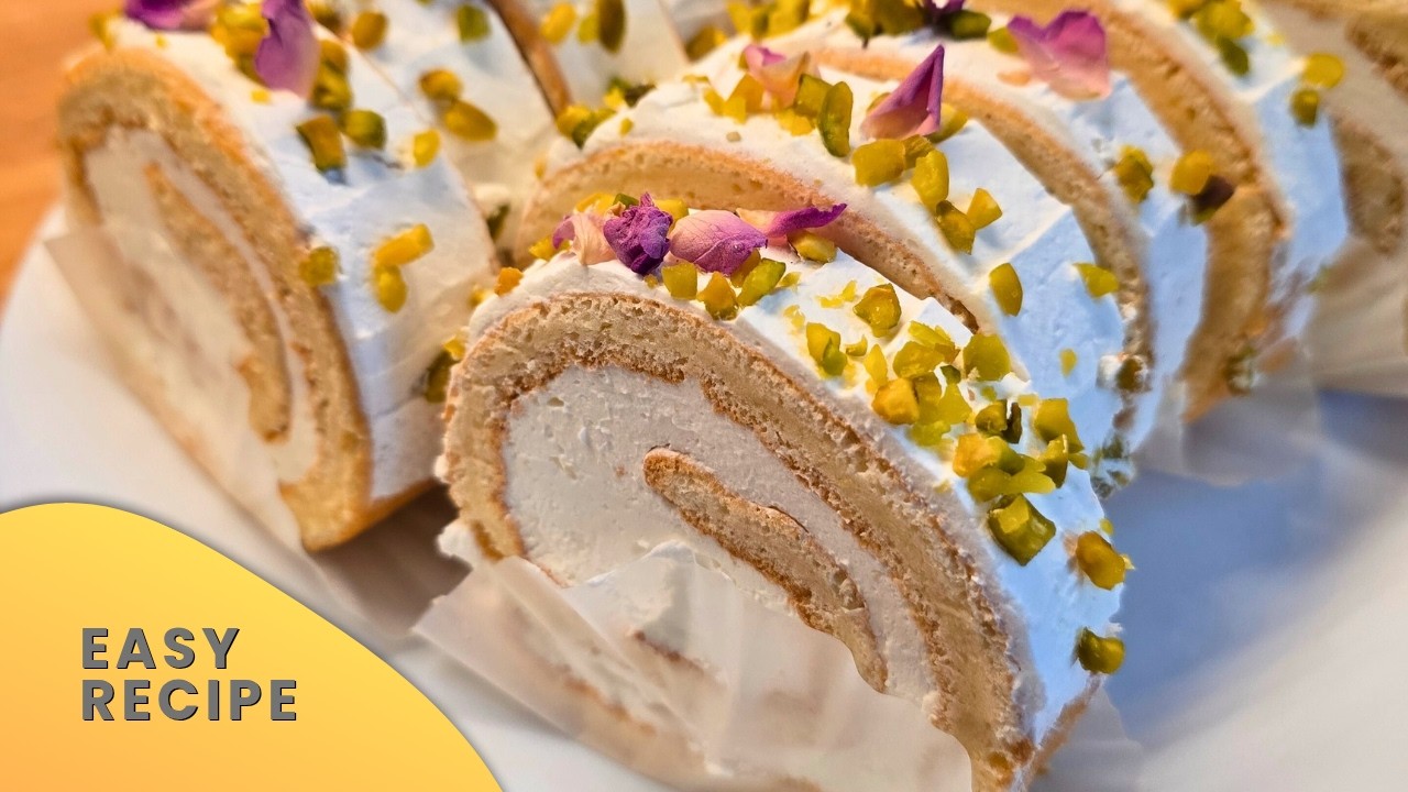 Fluffy Vanilla Swiss Roll Cake | with Whipped Cream, Pistachio