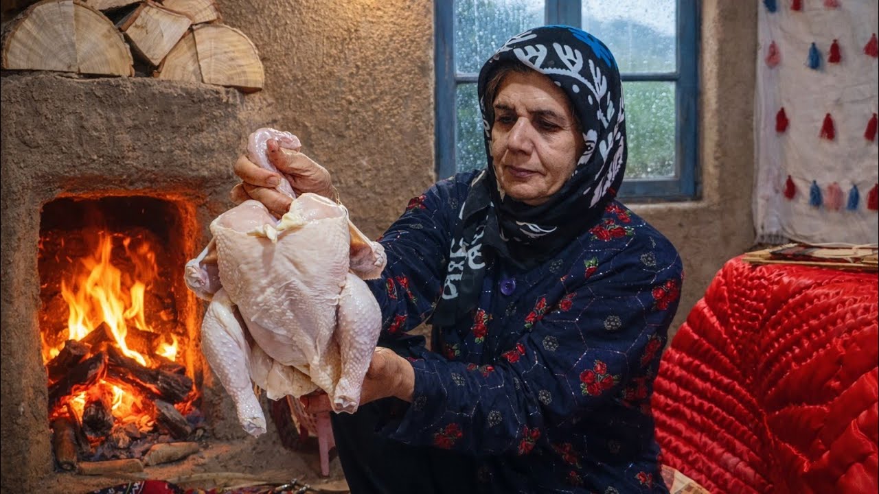 Cozy Village Life on a Rainy Winter Day | Stuffed Chicken & Knitting by the Fire