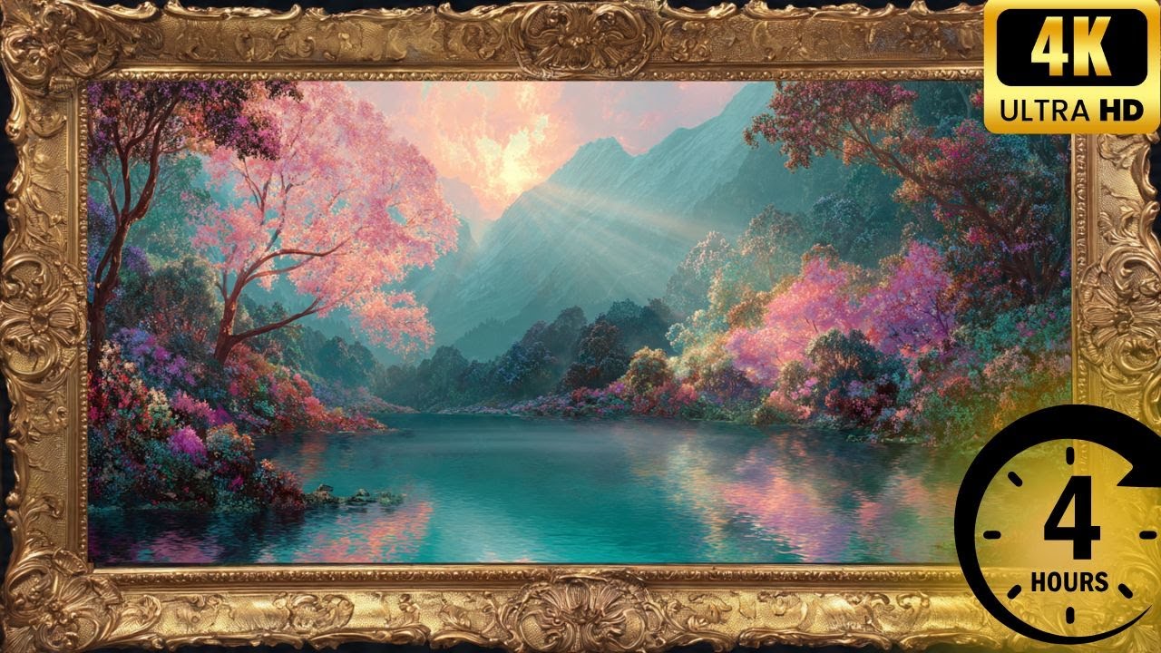 Fantasy Paradise Painting 4H - Dreamy Mountain Lake Art 4K for Frame TV