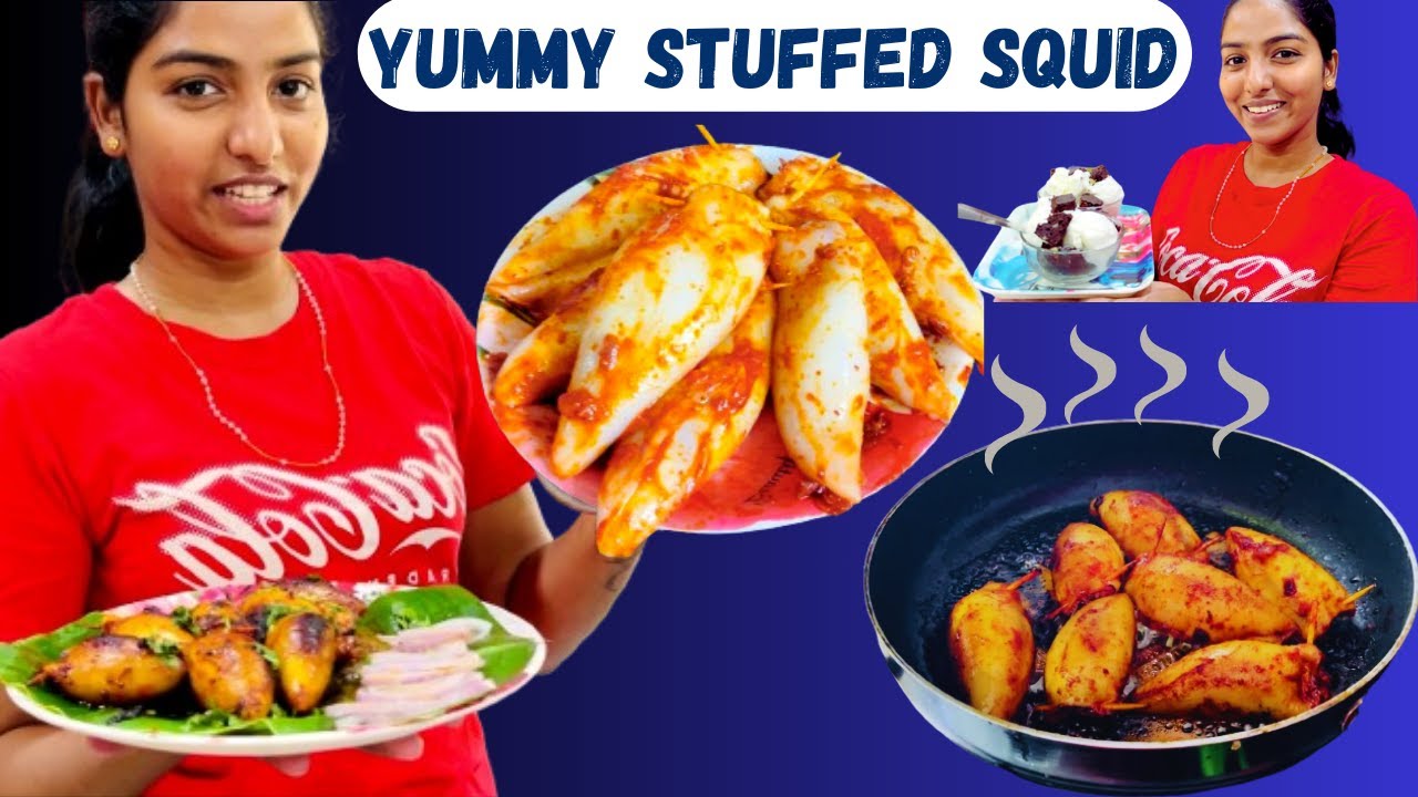 🦑YUMMY STUFFED SQUID AT HOME🦑 || CHOCOLATE BROWNIE WITH ICE CREAM🍨