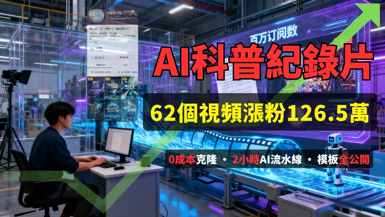 保姆級實操 | 62個視頻漲粉126.5萬！AI科普紀錄片視頻0成本克隆 · 2小時AI流水線 · 模板全公開