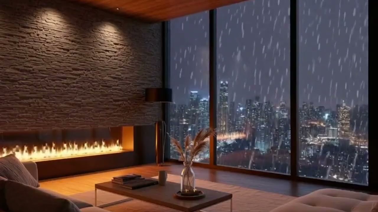 Rainy Night in a High-Rise City Apartment with Fireplace | Night Ambience for Sleep