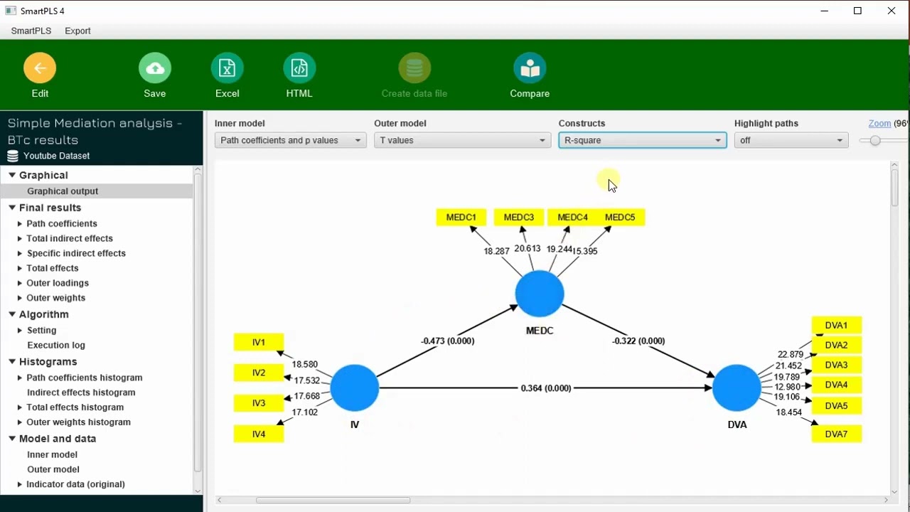 SmartPLS 4-5: Simple Mediation Analysis #smartpls4  #regression #mediation #mediation analysis