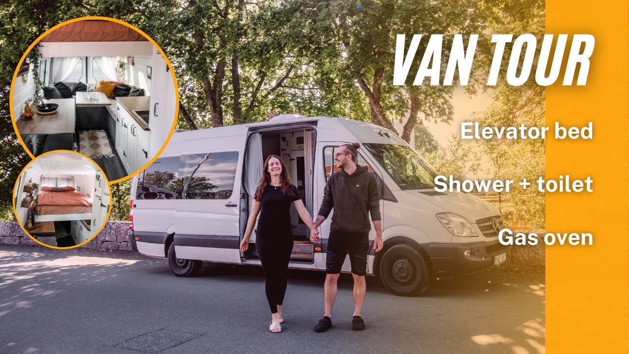 Van tour with SHOWER and ELEVATOR BED - All season van conversion - We built our dream home!