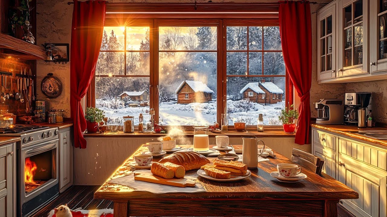 Snowy Winter Moring  in a Cozy Vintage Cabin | Oldies Playing in Another Room to Unwind