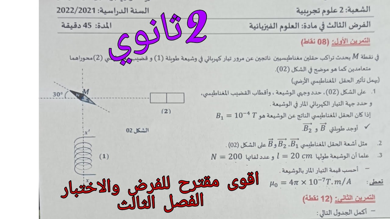 اقوى مقترح للفرض والاختبار الفصل الثالث في الفيزياء للسنة الثانية ثانوي حول المغناطيس