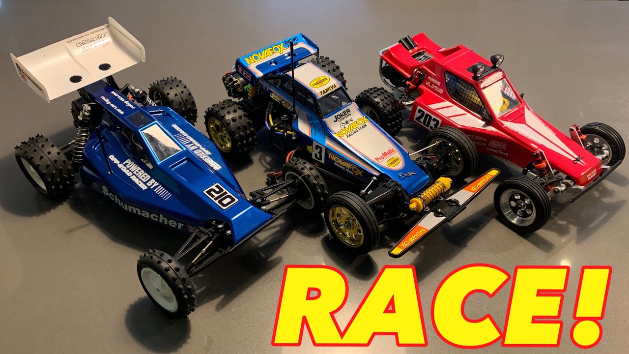 Соревнование по времени круга между Vintage 2WD Tamiya Novafox, Schumacher Top Cat и Kyosho Tomah...