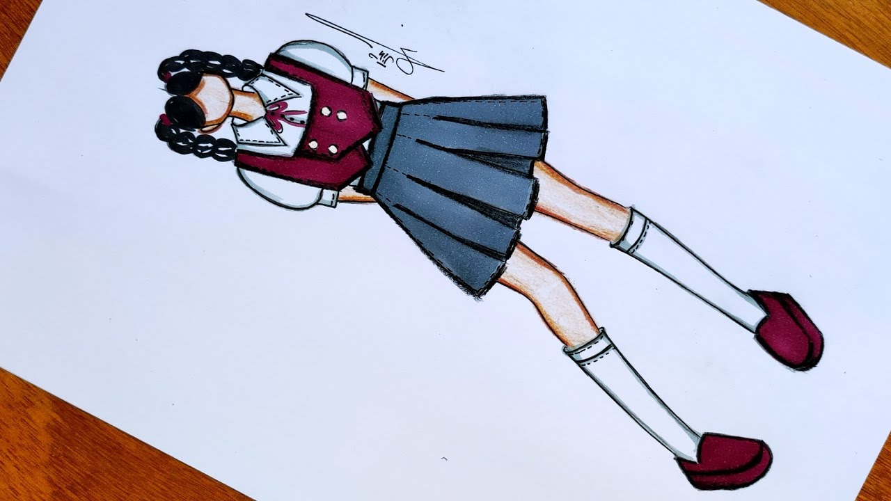 رسم أزياء مدرسية كورية سهلة جدا بالخطوات | تعليم رسم الأزياء للمبتدئين