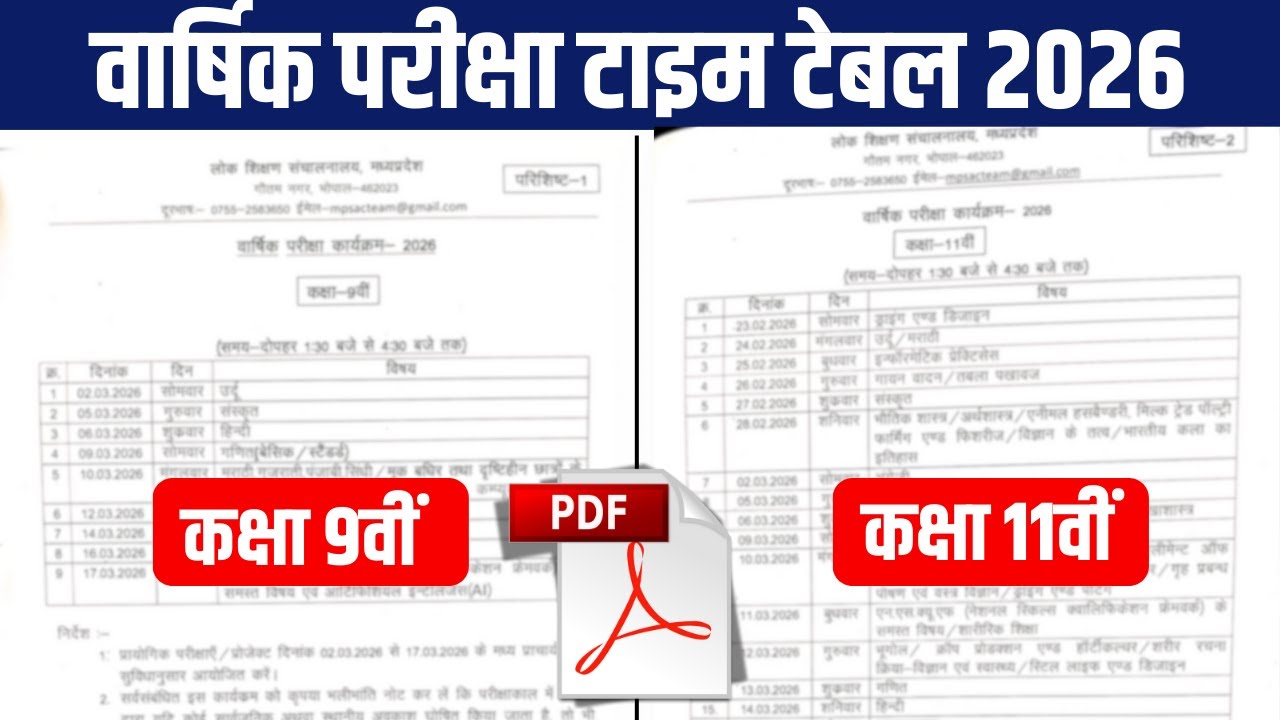Mp board Class 11th Varshik Pariksha Time Table 2026 | Class 11 Annual Exam time table 2026