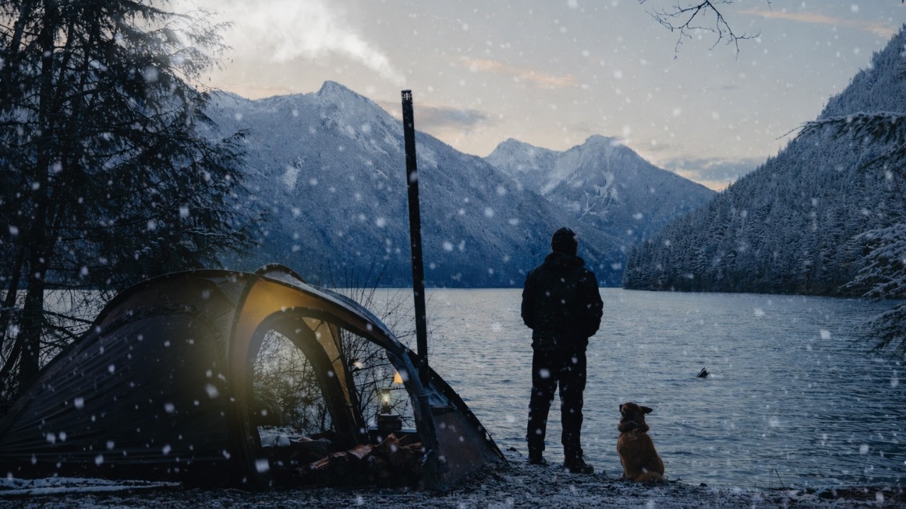 Alone with my Dog in the Snowy Mountains - Camping by Lake & Wood Stove