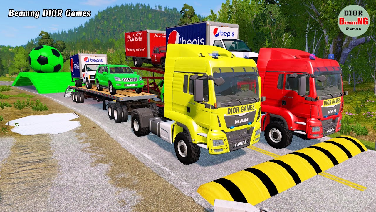 Double Flatbed Trailer Truck vs speed bumps|Busses vs speed bumps|Beamng Drive|454