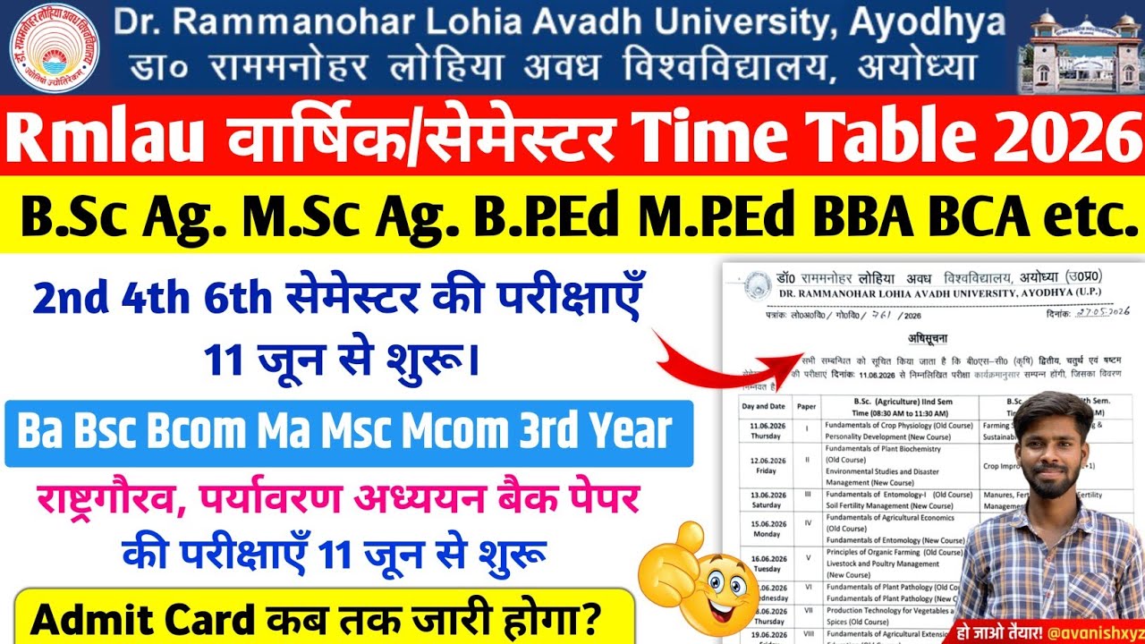 rmlau time table 2026 rmlau ba bsc ma msc part 3rd year exam 2026 rmlau exam date 2026 bsc ag