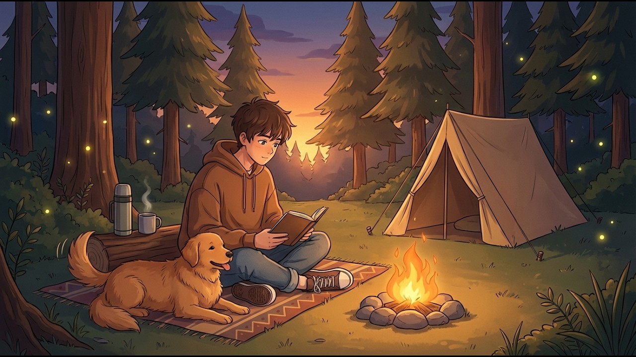 Cozy Camping Lofi 🌲🔥 | Sunset Study Beats with Dog & Campfire | 1 Hour Relaxing Focus Mix