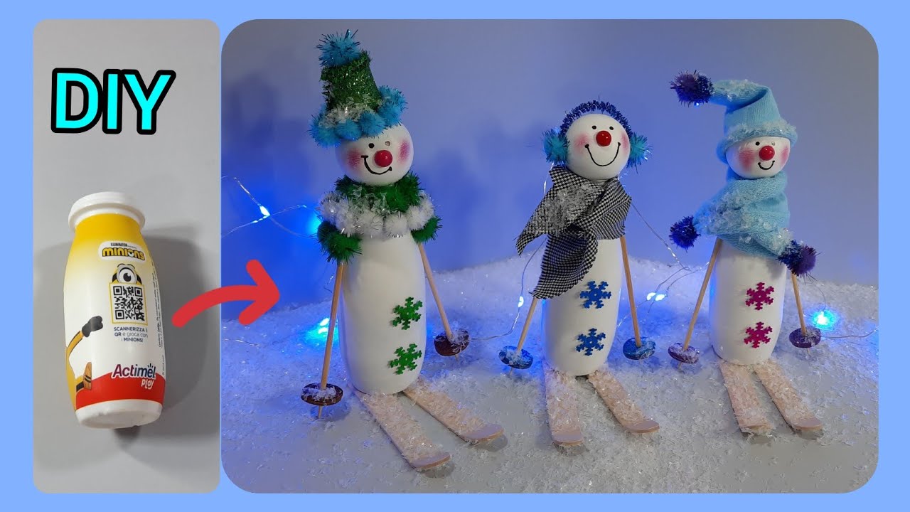 Tutorial:Pupazzetti di Neve con riciclo  bottiglie di actimel. Снеговик из баночки из под йогурта!