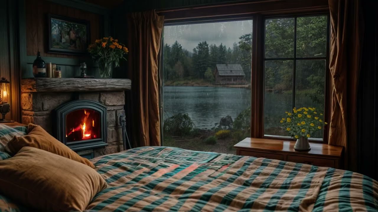 Can You Fall Asleep Here? 🌧️🔥 | Rainy Lake View & Cozy Fireplace Bedroom | Deep Sleep Night Ambience
