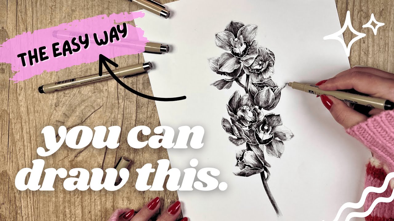 Простой способ рисовать сложные цветы ручкой и чернилами // Пошаговое рисование орхидеи
