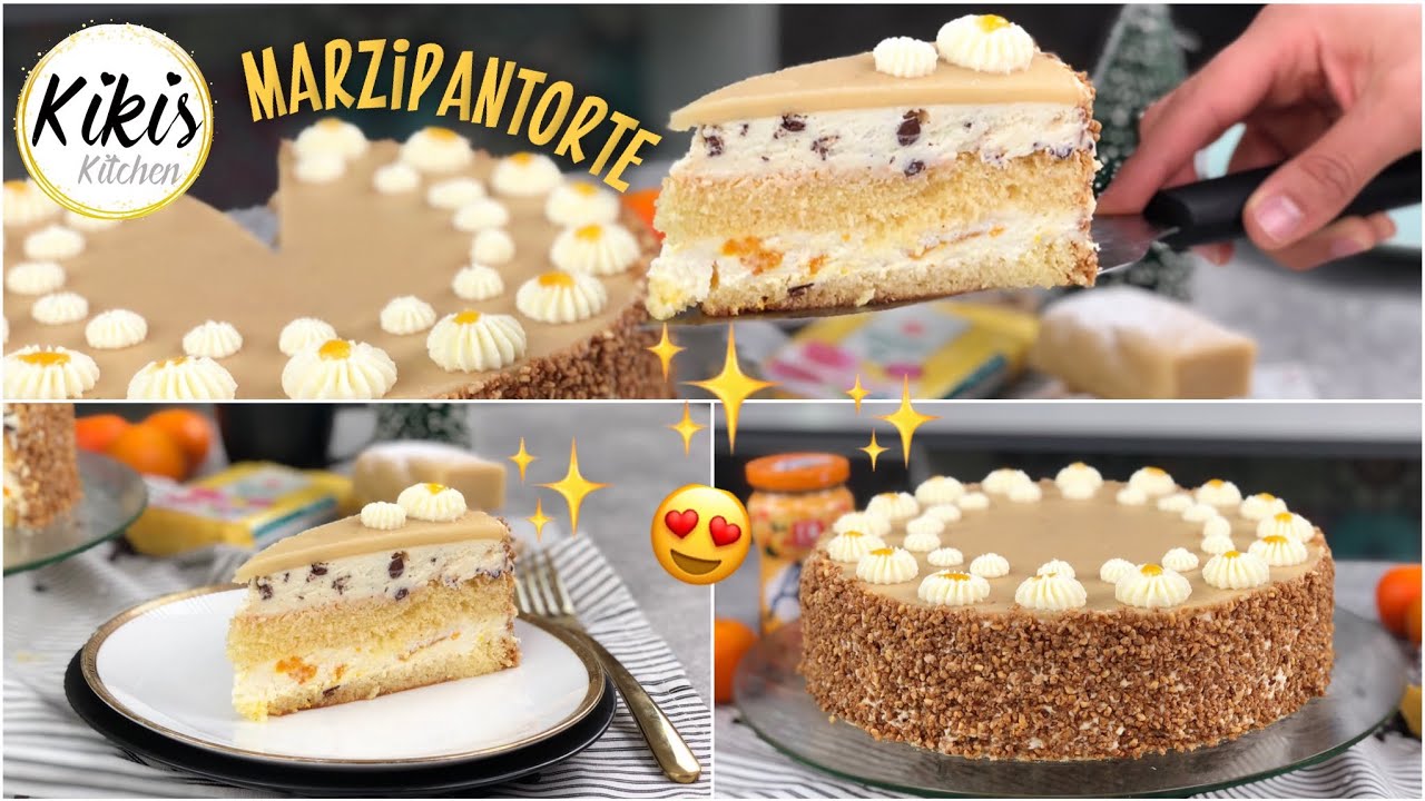 Leckere Marzipantorte - Lockerer Biskuit mit Sahnecreme, Aprikose und Krokant / unglaublich lecker