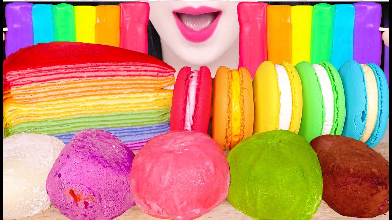 ASMR RAINBOW FOOD *RAINBOW CHEESE STICK, CREPE CAKE, MACARON, RICE CAKE 무지개 치즈, 마카롱 먹방 JANE ASMR 제인
