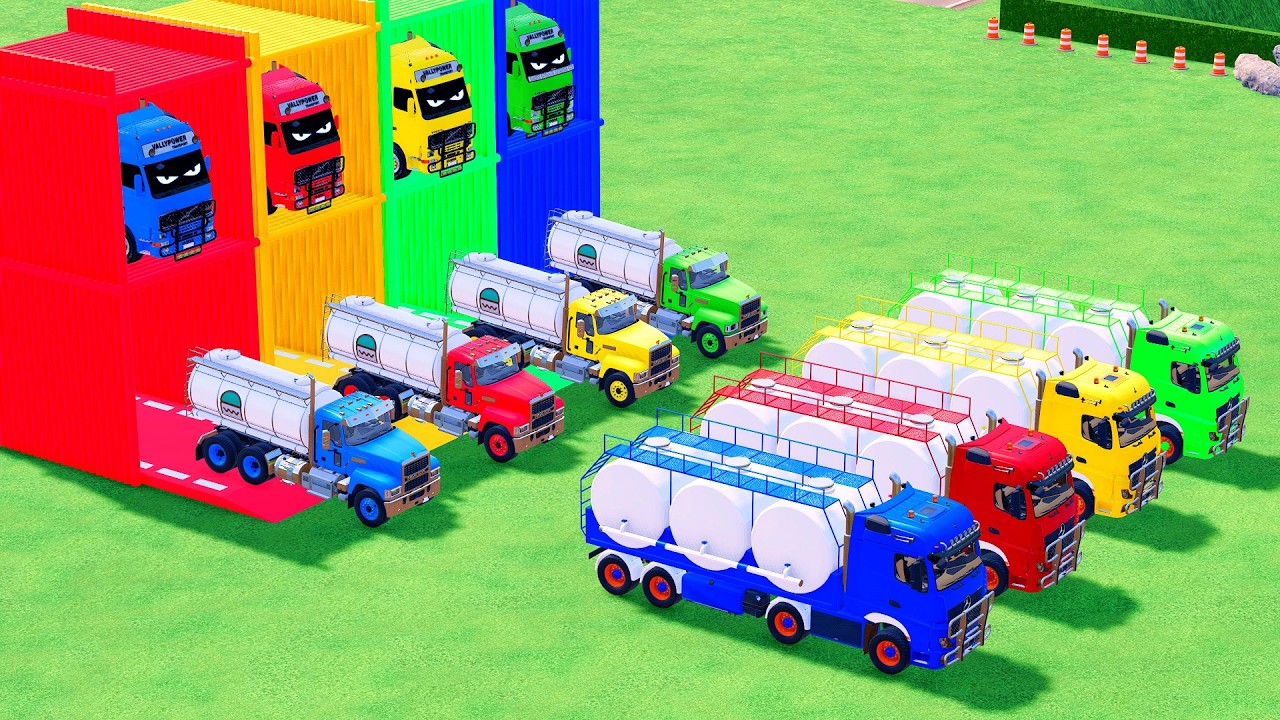 Garage with Colors - ALL MIXER TRUCK WITH DOUBLE FLATBED TRAILER TRUCK, SCANIA, MACK #96 - FS22
