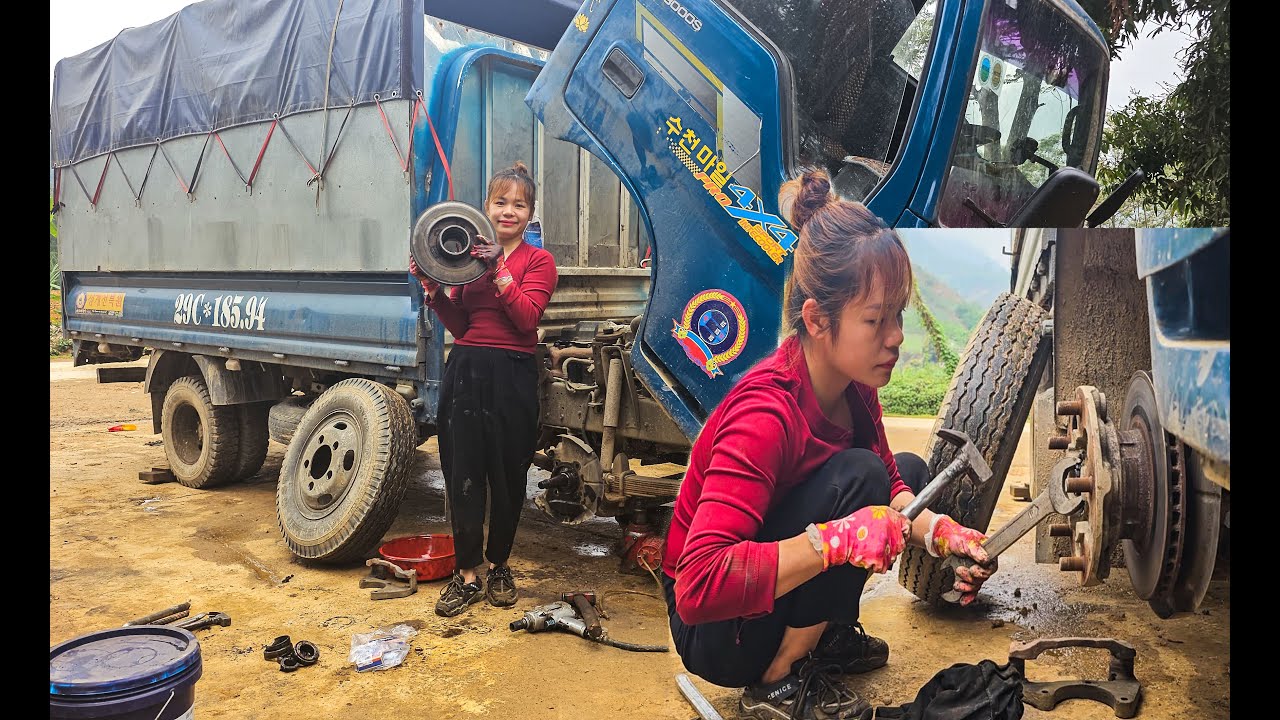 Truck about to lose wheel and how the repair girl handled it