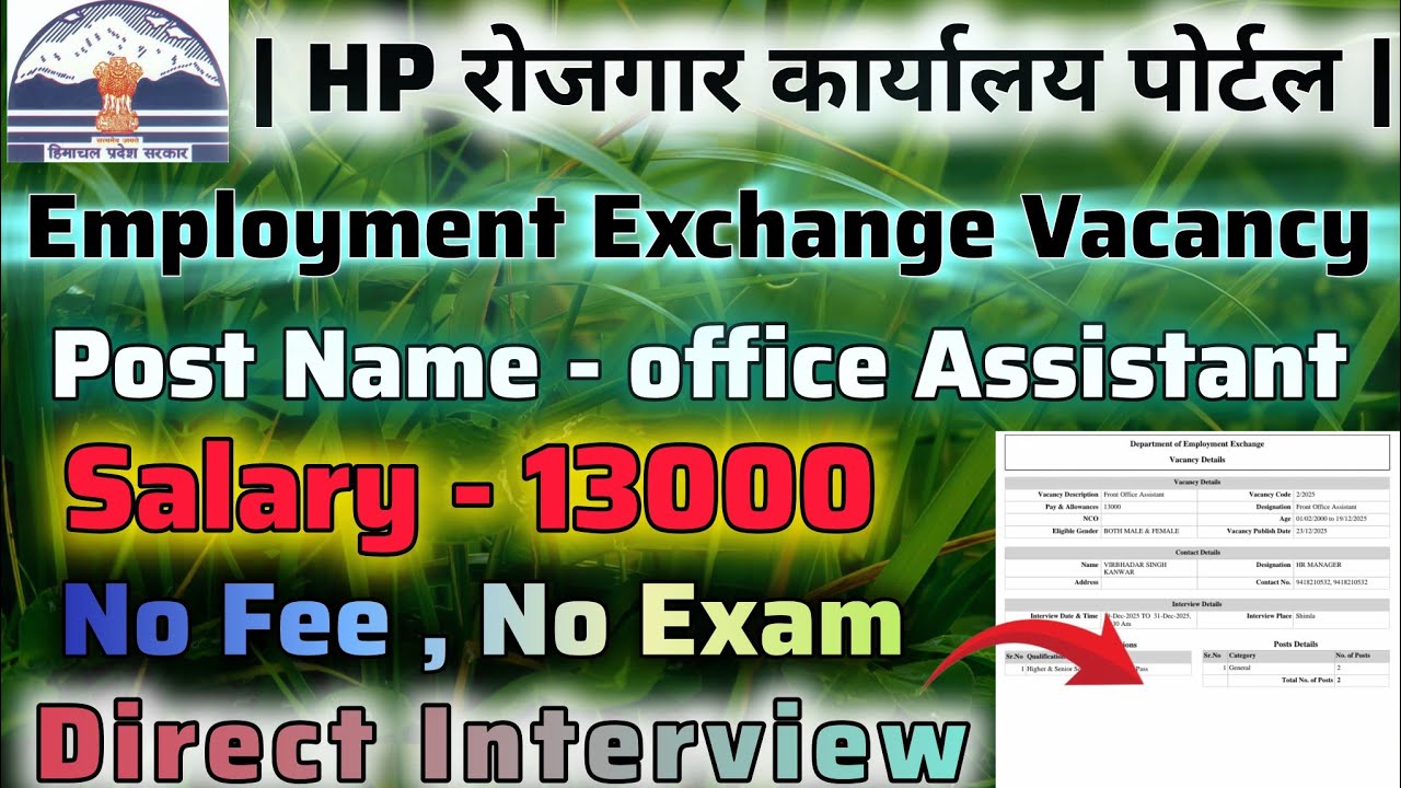 EMPLOYMENT EXCHANGE Himachal Recruitment | Office Assistant Post | Direct Job | No Exam No Fee