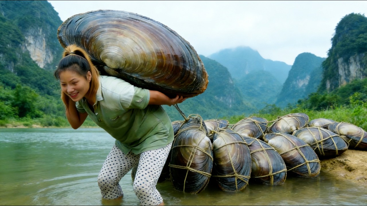 This girl is pulling a huge clam family and collecting its high wealth