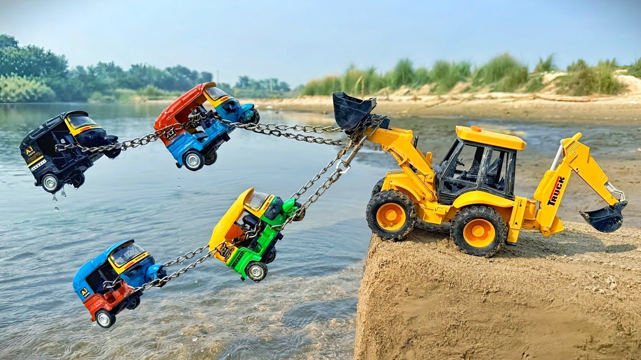 Bajaj Auto Rickshaw River Accident Pulling Out JCB | Jcb Cartoon | Cartoon Cartoon | Tractor Cartoon