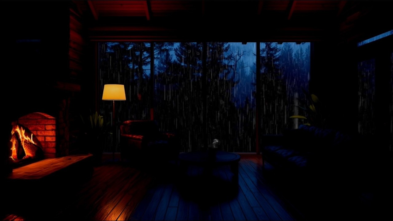 Gentle Rain with Crackling Fireplace Soothes the Lodge 🔥 | Cozy Night Ambience ☕