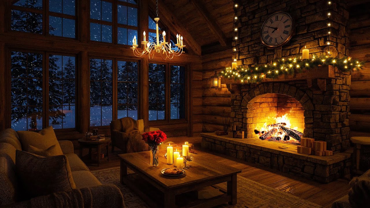 Warm Fireplace Ambience 2026 | Relaxing Winter Snowfall with Soft Jazz Music on Cozy Cabin Ambience