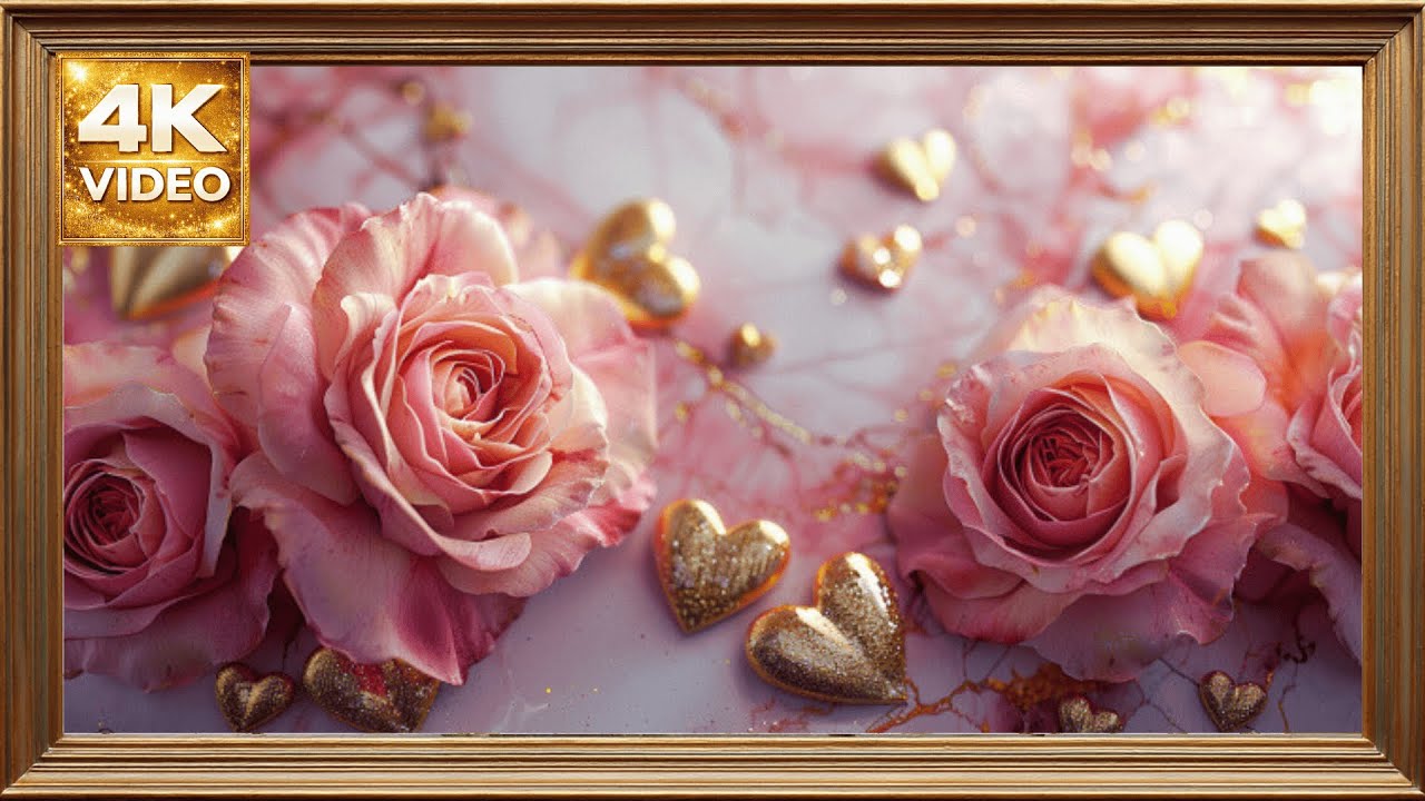 San Valentín 4K | Rosas Elegantes en Marco Dorado | Pantalla Estática para TV (Sin Música)