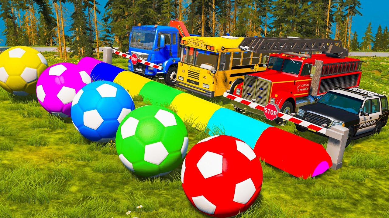 Double Flatbed Trailer Tractor rescue Bus - Cars Racing - Flatbed Truck transporting Cars