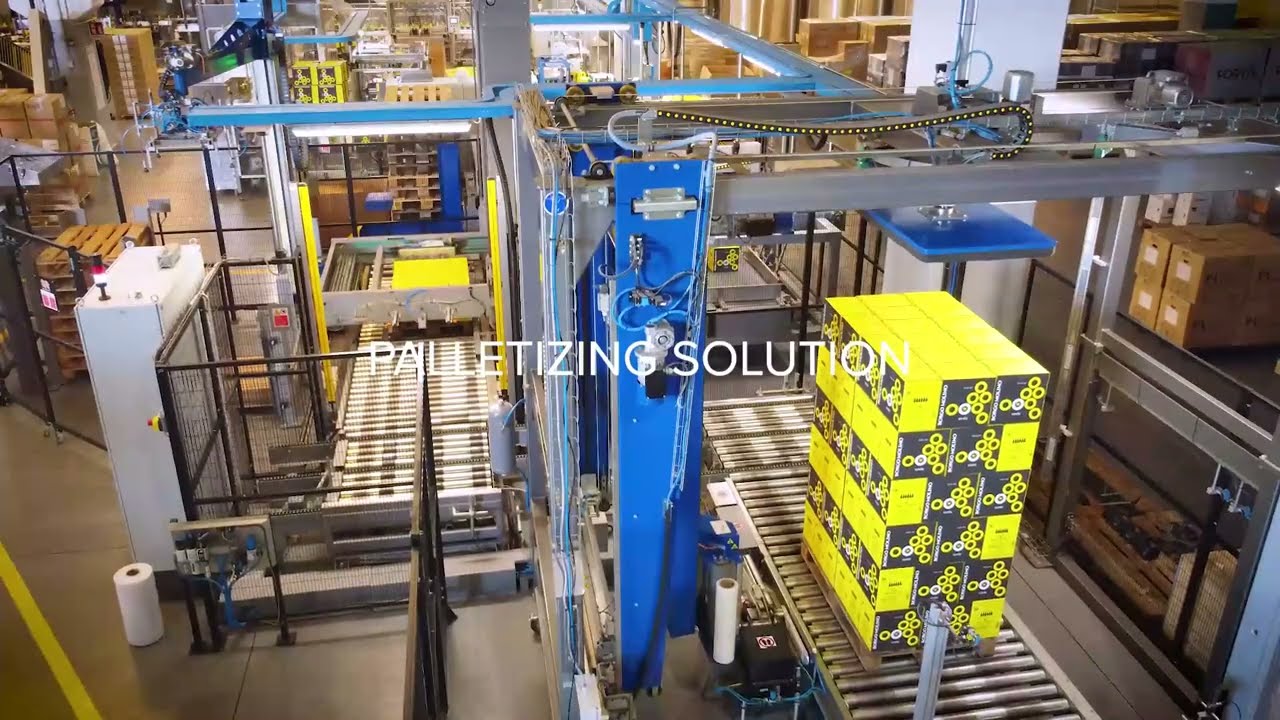 Fully automated plant, depalletizer, case packer and palletizer.