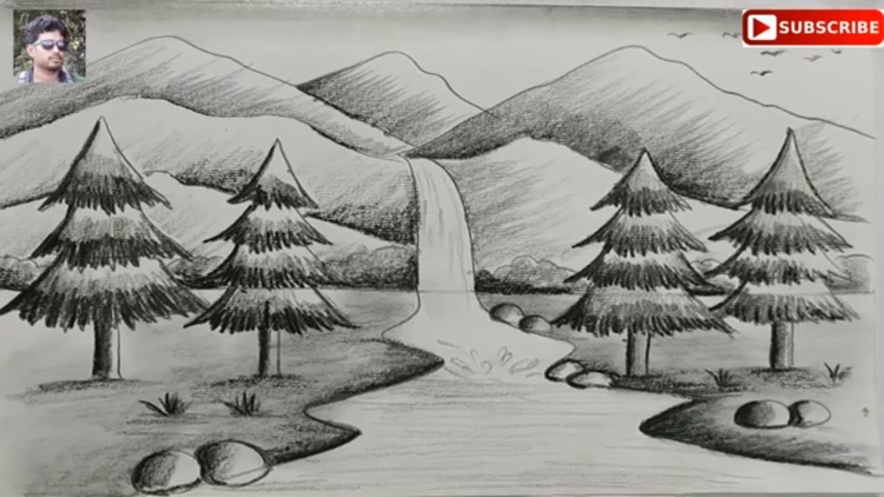 how to draw easy pencil sketch scenery for kids,landscape pahar and river side scenery drawing