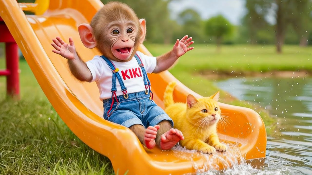 Brave Baby Monkey Rescues Kitten That Fell Into the Lake – A Heartwarming Story!