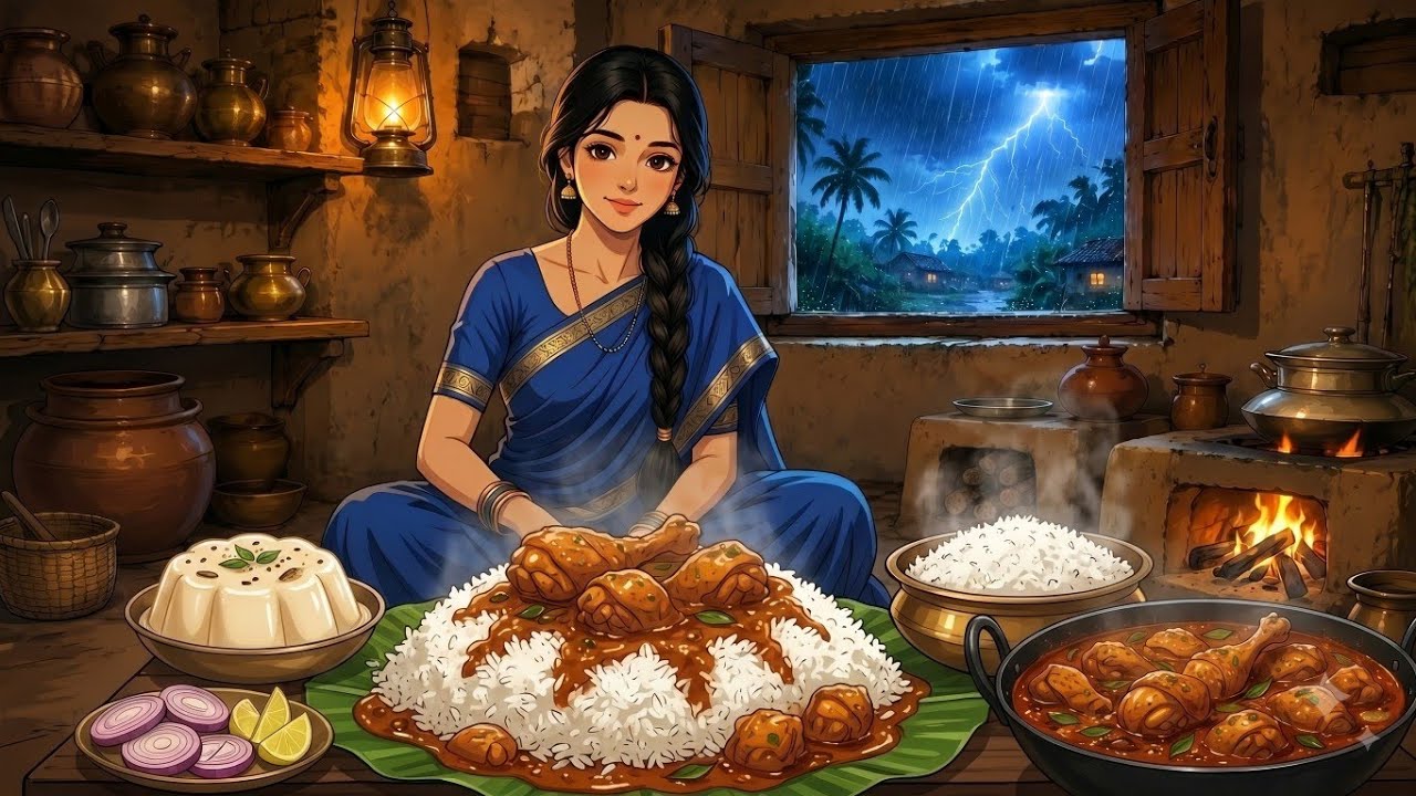 1990s Rainy Indian Village Life 🌧️ | Chicken Curry, Homemade Junnu & Family Time | Ghibli Style ASMR