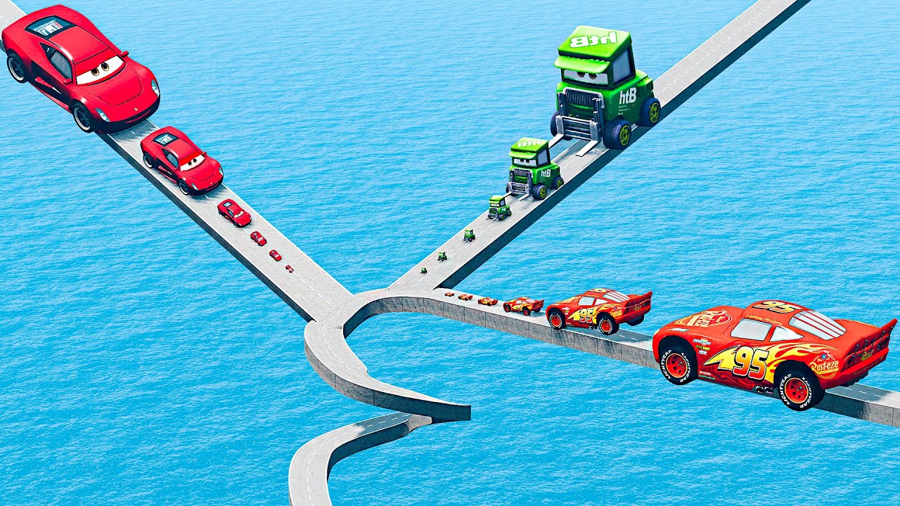 Big & Small: Lightning Mcqueen vs Wide Chick Pitty vs Ferrari vs Impossible Spiral Bridge - BeamNG