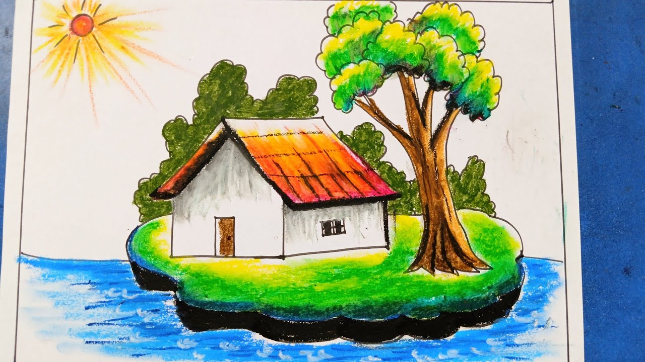 How To Drow A Beutiful Village Scenary | Pastel Colours Drawing 