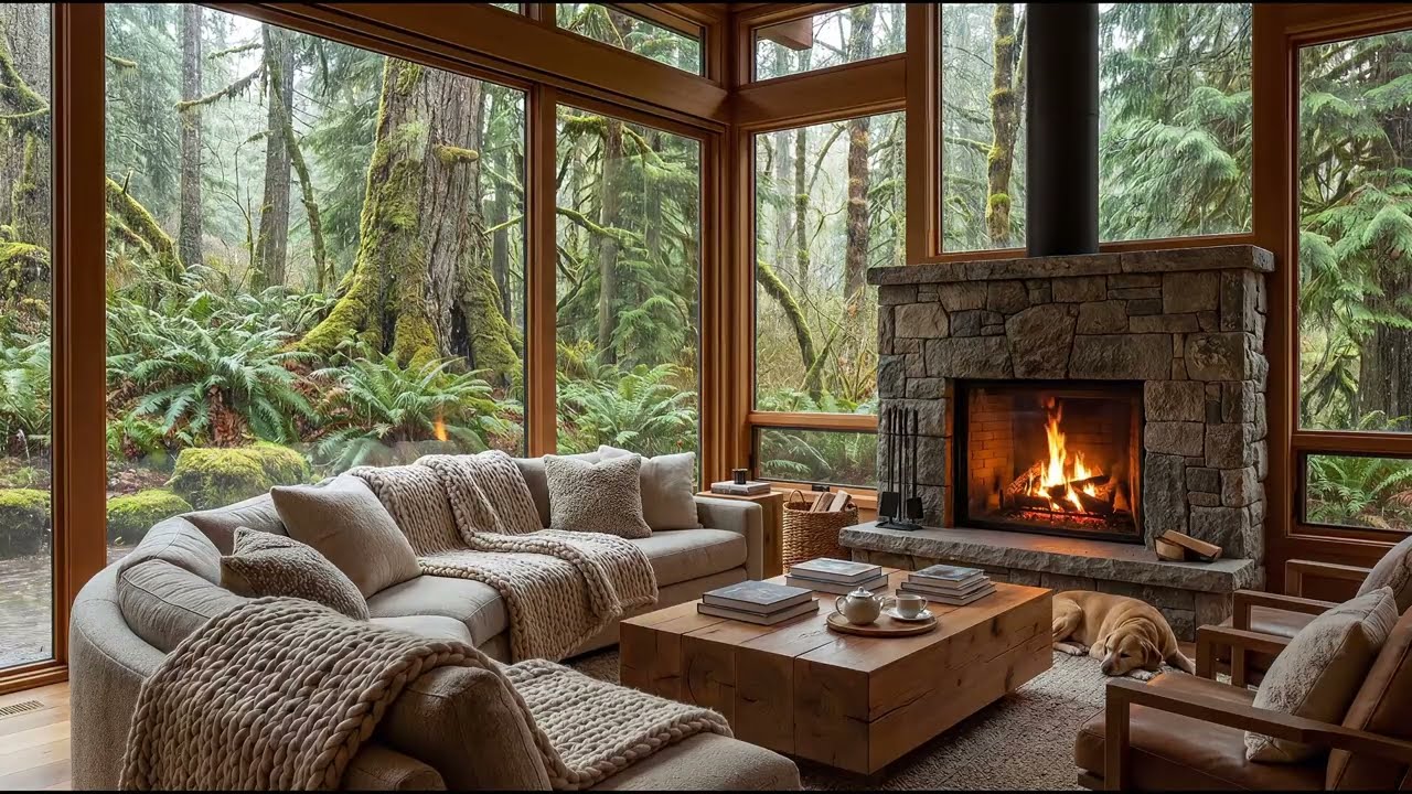 4K Cozy Cabin - Rain and Fireplace to Relax the Mind - 1HR Loop