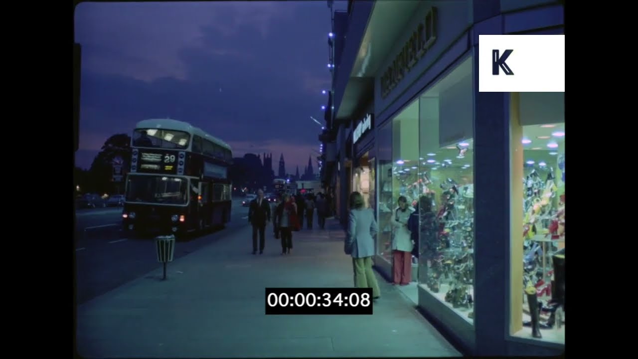 1970s Edinburgh, Scotland, Princes Street at Dusk, GVs, 35mm