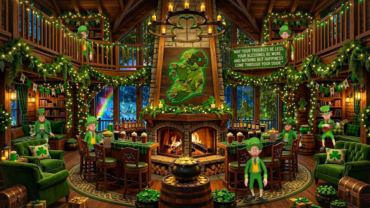 St. Patrick’s Day Cozy Pub Ambience ☘️ Rain, Crackling Fireplace & Relaxing Jazz Music