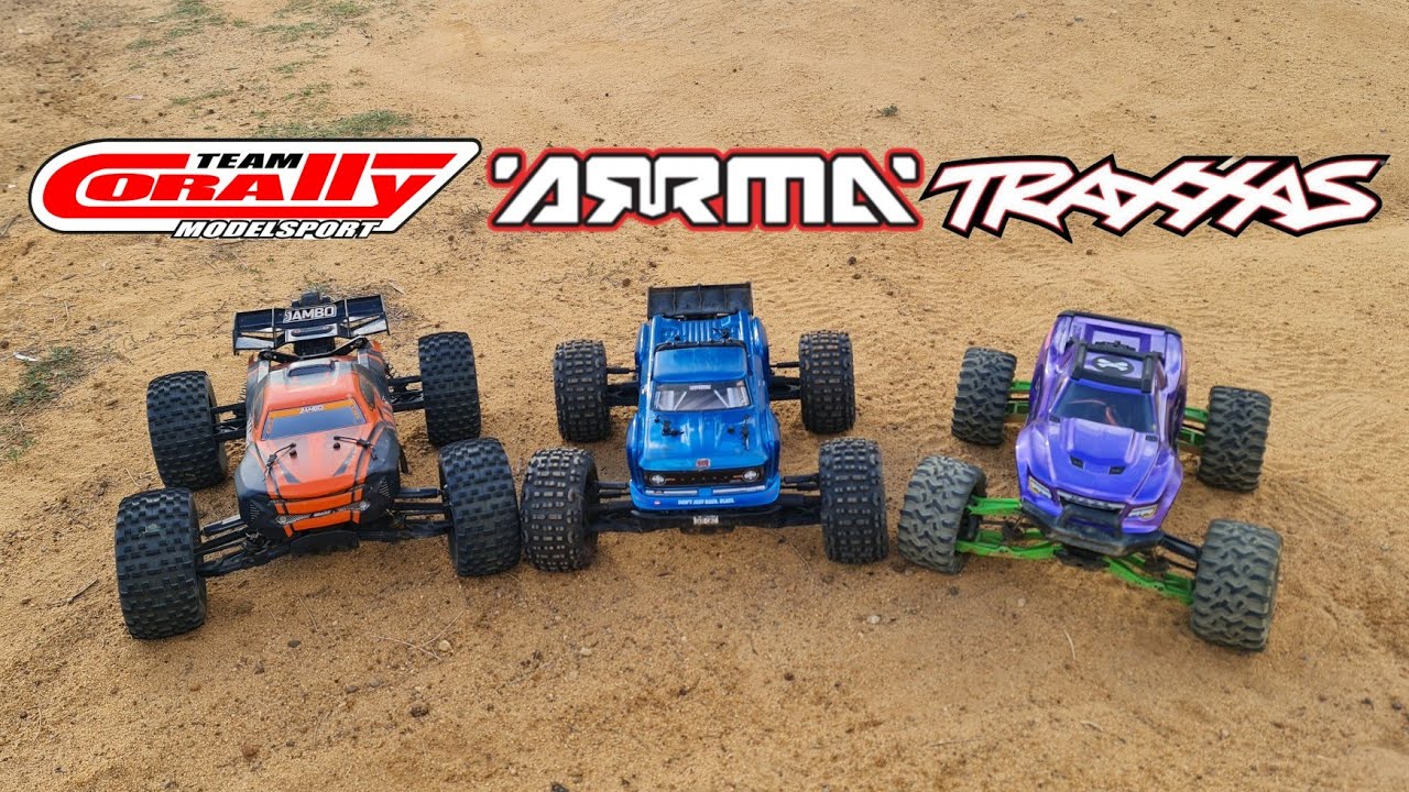 Battle Of The Stunt Trucks , Team Corally Jambo Vs Arrma Outcast 4s Vs Traxxas Maxx