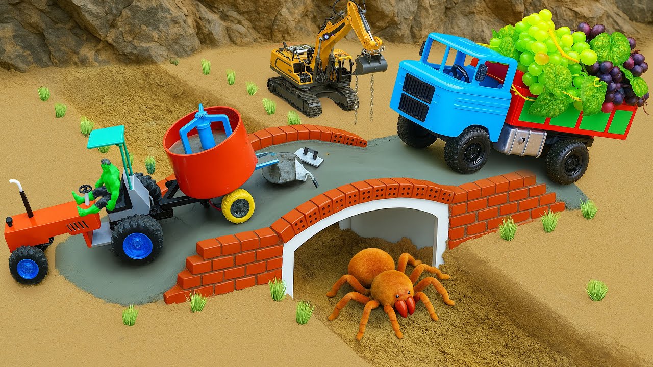 Giant Spider Destroys Mini Bridge | DIY Construction Project with Homemade Cement Machine