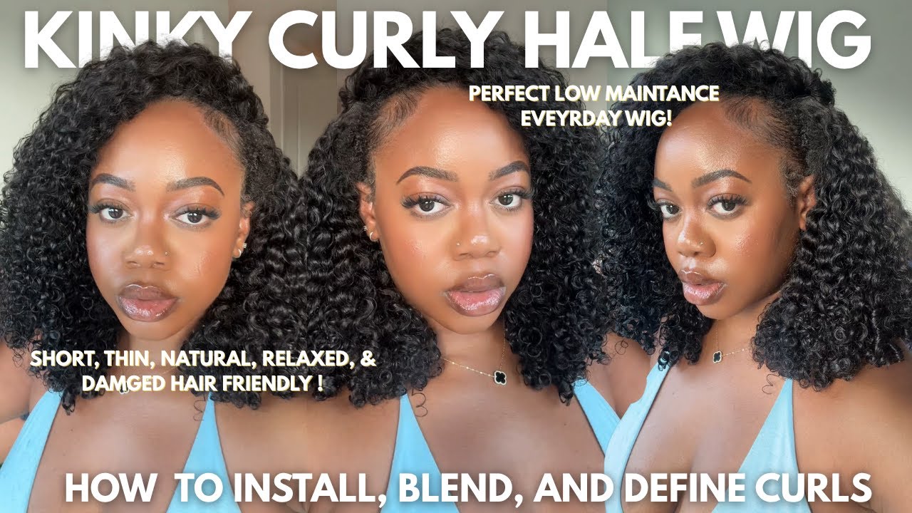 EASY KINKY CURLY HALF WIG INSTAL, SHORT THIN 4C HAIR BLENDING, AND CURL DEFINING ROUTINE  FT OQ HAIR