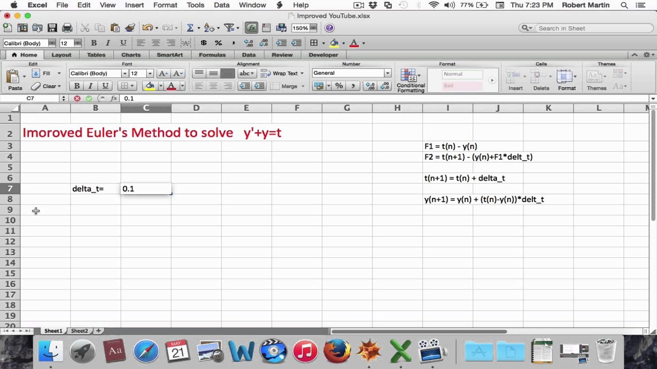 Implementing the improved Euler method using Microsoft Excel