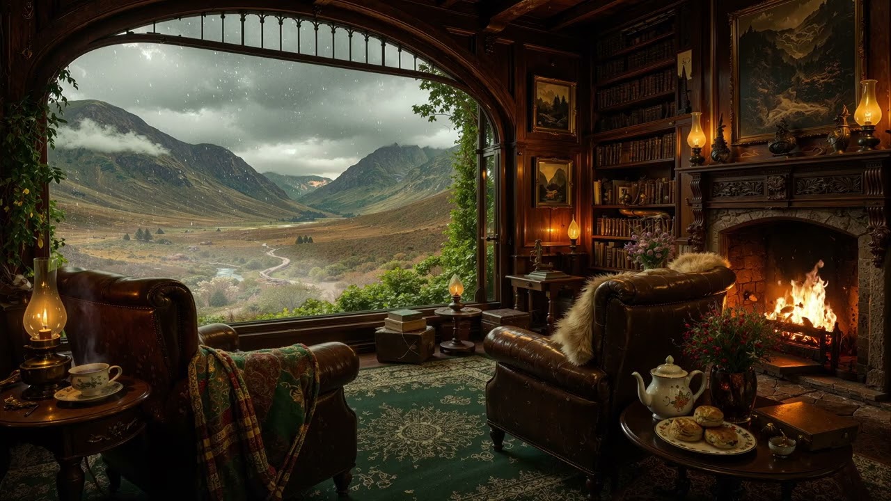 Cozy Scotland Library Ambience - Rainy Scottish Glen | Cozy Highland Study & Soft Folk Music